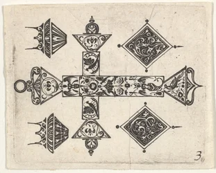 Stampa in nero con una croce latina e quattro motivi, ca. 1620