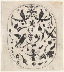 Stampa ovale di ricamo nero con uccelli, insetti e frutti, ca. 1620
