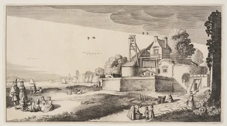 Campo di sbiancamento davanti a un forte su un fiume, da Paesaggi (Playsante Lantschappen)