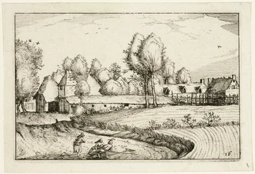 Strada lungo un campo, tavola sedici dopo Immagini di fattorie, case di campagna e villaggi rustici (Praediorum villarum et rusticarum casularum icones)