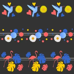 Uccelli, fiori, macchie e strisce