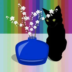 Vaso di vetro blu con fiore e gatto nero