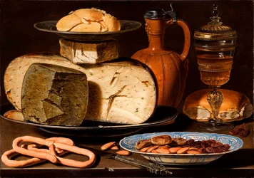 Olandese: Natura morta con formaggi, mandorle e pretzel Natura morta con formaggi, mandorle e pretzel