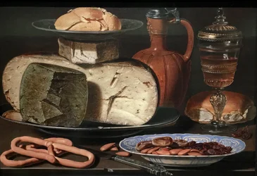 Olandese: Natura morta con formaggi, mandorle e pretzel Natura morta con formaggi, mandorle e pretzel