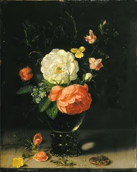 Fiori in un vaso con cavalletta e rana