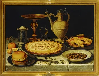 Still-life - Pasto con pollo arrosto, pane e olive ...