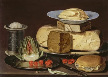 Natura morta con formaggi, carciofo e ciliegie, circa 1625
