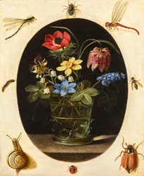 Natura morta con fiori circondati da insetti e una lumaca