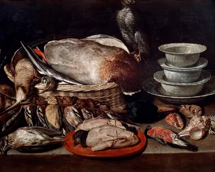 Natura morta con uccelli, conchiglie e ceramiche