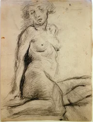 Nudo femminile seduto con occhi chiusi