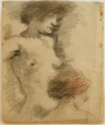 Nudo femminile in piedi, davanti donna di spalle