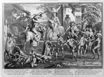 Cerimonia del sabba, demoni, streghe e creature mostruose che danzano. Incisione di Gillet