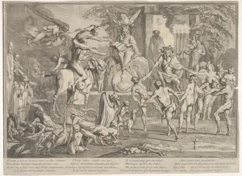 Sabba delle streghe in un paesaggio notturno, un negromante seduto in alto al centro, ca. 1700-1720