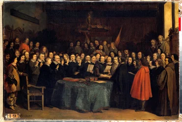 La pace di Vestfalia, il giuramento dopo la ratifica della pace tra gli spagnoli e i neerlandesi, al Municipio di Münster il 15/05/1648