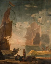 Scena del porto con nave da guerra e figure su un molo, 1825