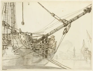 Studio della prua di una nave da guerra con le navi da guerra britanniche e il porto di Napoli al di là di essa