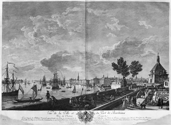 Veduta della città e del porto di Bordeaux vista dal Chateau Trompette, serie di "Les Ports de France", inciso da Charles Nicolas Cochin il Giovane