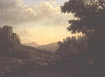 Ampio paesaggio boscoso con tempio in rovina