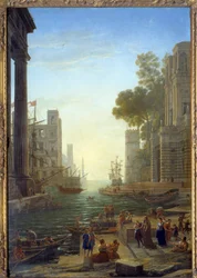 Paesaggio con la barca di Santa Paola Romana a Ostia. Santa Paola lascia i suoi figli per viaggiare verso la Terra Santa