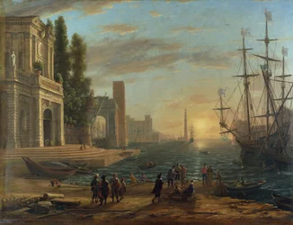 «Port de mer au soleil couchant» (Un porto di mare). Dipinto di Claude Lorrain (1600-1682). Olio su tela, 1644. Dimensioni: 103 x 131 cm. National Gallery, Londra