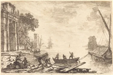 Scena del porto con sole nascente
