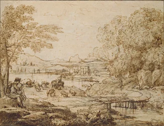 Giovane che suona un flauto in un paesaggio pastorale, c. 1640s