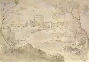 Paesaggio con una città fortificata