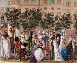 Moda sotto il Direttorio: "Le petit Coblenz", la passeggiata Boulevard des Italiens a Parigi. Litografia di Claude Louis Desrais (1746-1816) 1798. Parigi, Museo Carnavalet