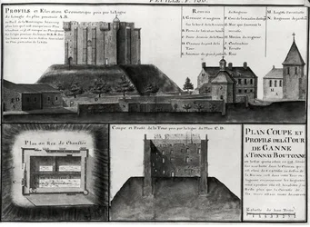 Fol.106 Sezione trasversale e disegno del profilo della Tour de Ganne a Tonnay Boutonne, da Recueil des Plans de Saintonge