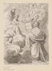 Armand-Jean du Plessis duca di Richelieu presenta un libro a Maria con Bambino (Pagina del titolo per: Armand-Jean du Plessis duca di Richelieu, Traité de la perfection du chrétien)