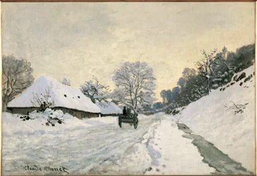 La charette, route sous la neige a Honfleur (olio su tela)