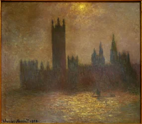 Londra, il Parlamento, effetto di sole nella nebbia
