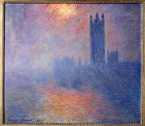 Le case del Parlamento, Londra, con il sole che rompe la nebbia