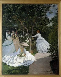 Donne nel giardino a Città di Avray Gruppo di giovani donne in un giardino fiorito. Dipinto di Claude Monet (1840-1926). 1867. Parigi, Museo d