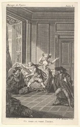 Un uomo rannicchiato su una sedia guarda verso un altro uomo che si avvicina da sinistra, ca. 1784