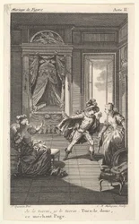 Un uomo si china verso una donna in piedi in una porta a destra, a sinistra una donna seduta alza..., ca. 1784