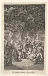 Un giovane ragazzo tiene una torcia sotto gli alberi in un giardino, al centro un uomo alza entrambe le braccia, ca. 1784
