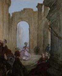 Ragazze che guardano una danzatrice tra rovine classiche