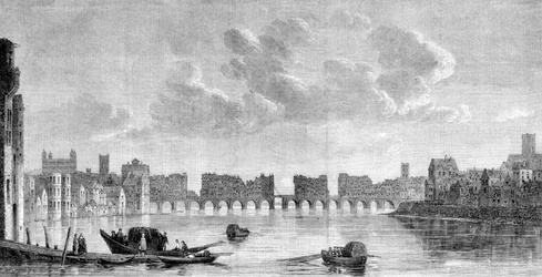 Il vecchio ponte di Londra distrutto dal grande incendio del 1666. Incisione da un dipinto di Claude de Jongh (1650) nel Museo di South Kensington