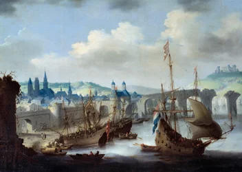 Veduta della città di Rouen. Le navi sono ormeggiate sulle rive della Senna.