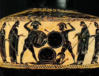 Scena di combattimento. Un oplita ferito o morto giace a terra. Idria a figure nere, come il 10-03-03/46 ...