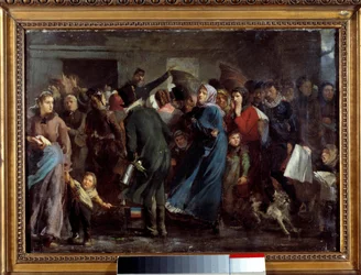 La coda davanti alla macelleria. Gli abitanti affamati di Parigi aspettano il proprio turno dal macellaio durante la guerra del 1870 - 1871 contro la Prussia.