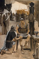 Priamo riscatta da Achille il corpo di suo figlio (Ettore). Illustrazione di Clement Gontier per l