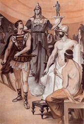La querelle di Achille e Agamennone: Minerva discende dal cielo e afferra Achille per i capelli per impedirgli di sguainare la spada contro Agamennone. Illustrazione di Clement Gontier (1876-1918) per 