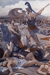 La morte di Patroclo: Ettore uccide Patroclo. Illustrazione di Clement Gontier (1876-1918) per «L