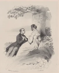 Uomo che propone a una donna il cui viso è nascosto dai capelli, ca. 1830-65