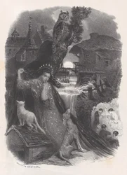 Notte, vignetta di ragazza in costume del XVIII secolo che raccoglie rose, ca. 1830-65