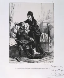 Guerra franco-prussiana 1870-1871: un soldato ferito viene curato e nutrito. Da una serie di litografie di Clément-Auguste Andrieux sulle Guardie nazionali.