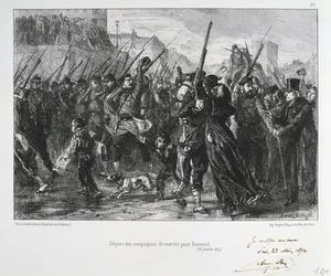 Guerra franco-prussiana 1870-1871: Battaglia di Buzenval (Monte Valerien) vicino a Versailles 19 gennaio 1871. Guardia Nazionale in marcia verso la battaglia e la sconfitta. Da una serie di litografie di Clement August Andrieux sulle Guardie Nazionali.