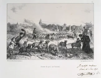 Guerra franco-prussiana 1870-1871: allontanamento di un gregge di pecore per impedire che cada nelle mani dei prussiani. Da una serie di litografie di Clément-Auguste Andrieux sulle Guardie nazionali.
